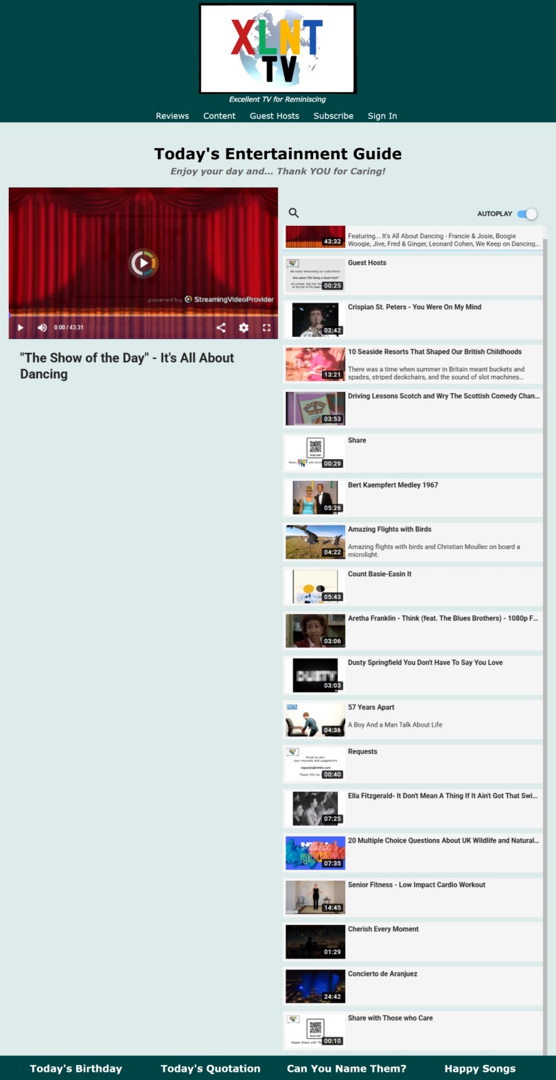 A sample playlist of 'The Show of the Day' videos that bring back memories for reminiscing and sharing with each other